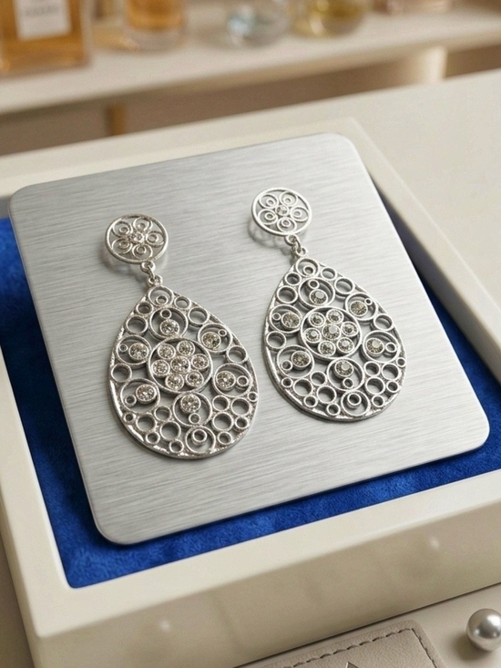 Fashion Jewelry Jewelry - Silver Filigree Teardrop Dangle Earrings with Sparkle